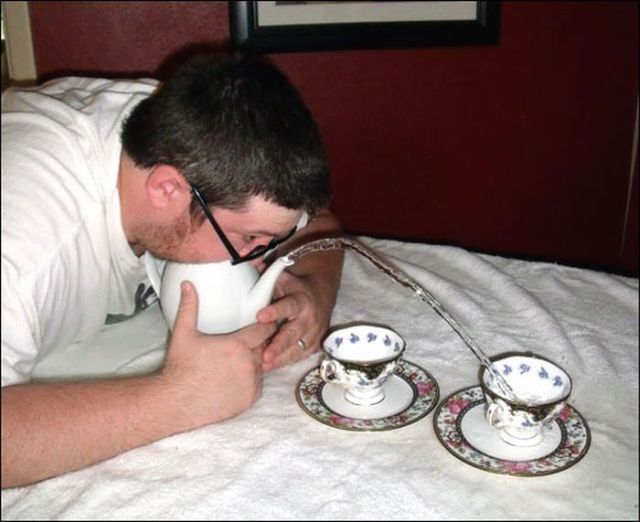 Unusual contest for blowing water out from a teapot (18 pics)
