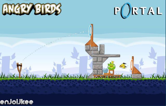 Imagen que une los juegos Angry Birds y Portal para hacerlos más fáciles