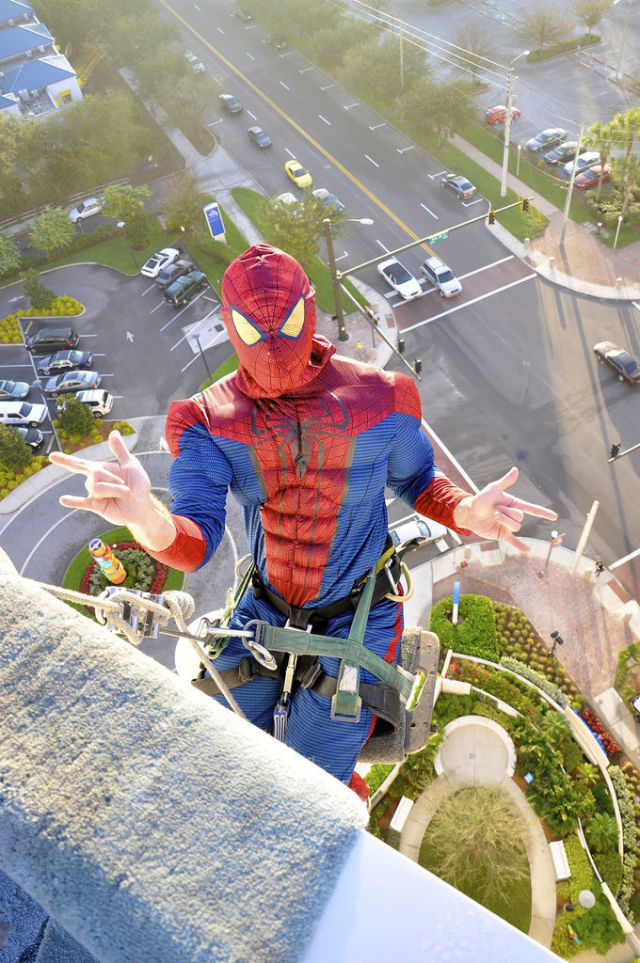 Superheroes Take Time Out to Clean Windows