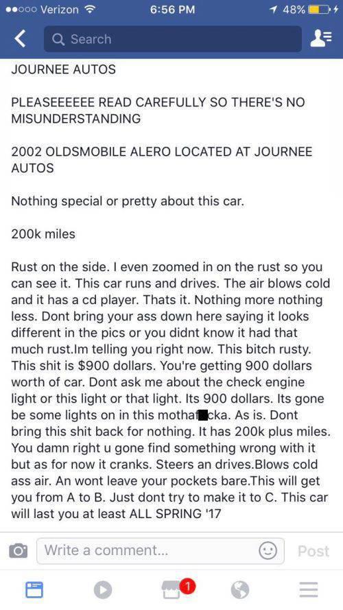 Brutal Honesty In A $900 Car Ad