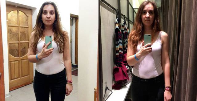 An Ordinary Girl Compares Mirrors In The Dressing Rooms Of Clothing Shops. Wow.