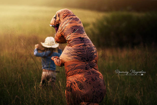 Your Son Doesn’t Like Being Photographed? Give Him A T-Rex Suit!