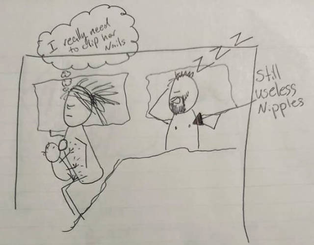 Wife Uses Simple Drawings To Explain To Her Husband Why She Is Always Tired Because Of Their Child