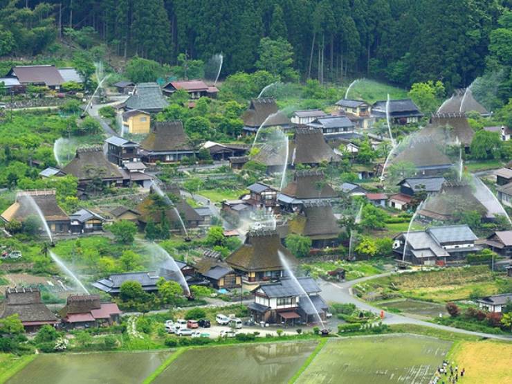 Sprinklers Turn Japanese Village Into A Giant Fountain