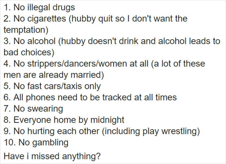 Very Protective Woman Creates A List Of Rules For Her Husband And His Friends To Follow At The Bachelor Party