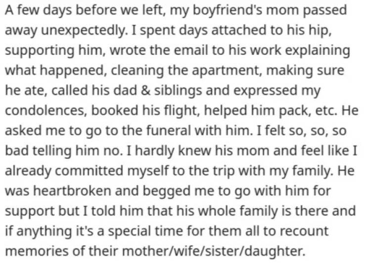 Woman Doesn’t Go To Her Boyfriend’s Mother’s Funeral, Then Asks If She Is An A##hole…