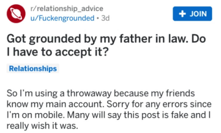 Father-In-Law Grounds A Grown Man, Who Turns To Internet For Advice