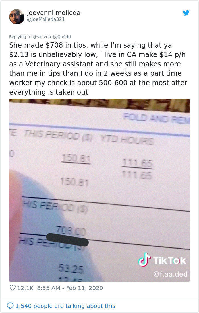 Mom Shares Her Paycheck After Working 70+ Hours As A Bartender