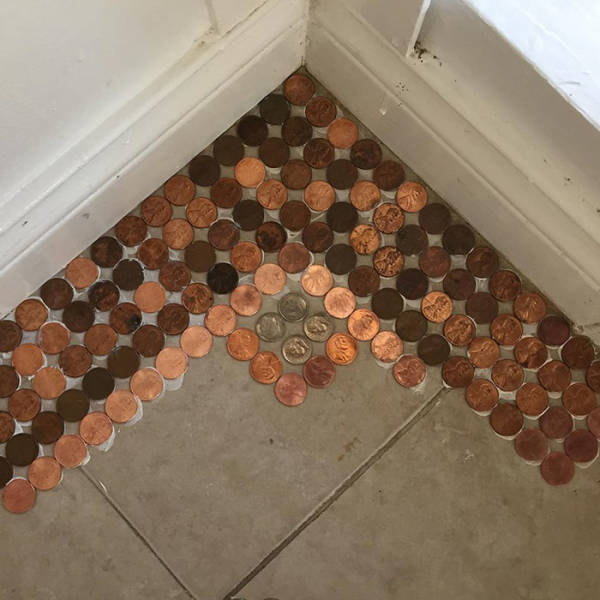 Woman Uses 7,500 Pennies To Create A DIY Mosaic Floor