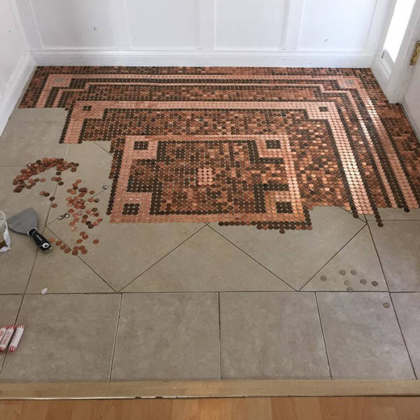 Woman Uses 7,500 Pennies To Create A DIY Mosaic Floor