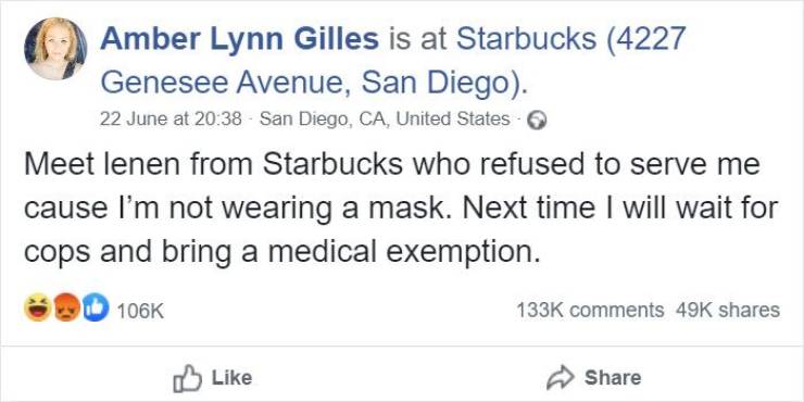 Barista Refuses To Serve A Woman Who Doesn’t Have Her Face Mask On, Internet Takes His Side When She Tries To Expose Him