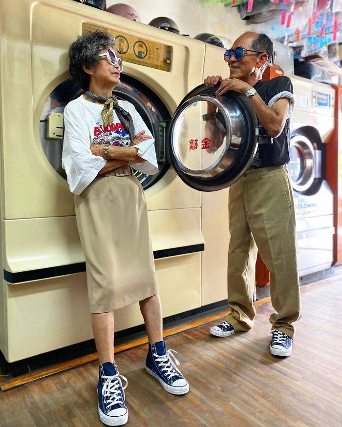 Taiwanese Elderly Couple Poses In Clothes That Clients Didn’t Collect From Their Laundry Shop