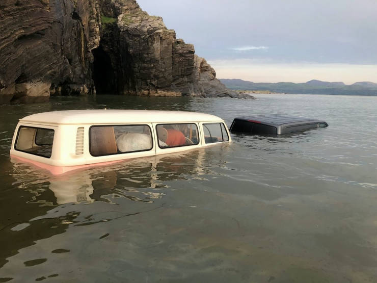 Vintage VW Camper Takes A Deep Dive After Getting Stuck On A Beach