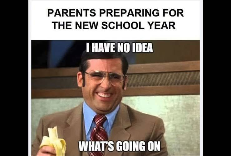 A back-to-school meme with a man in a suit and glasses eating a banana and laughing. The image says:” Parents preparing for the new school year. I have no idea what is going on.”