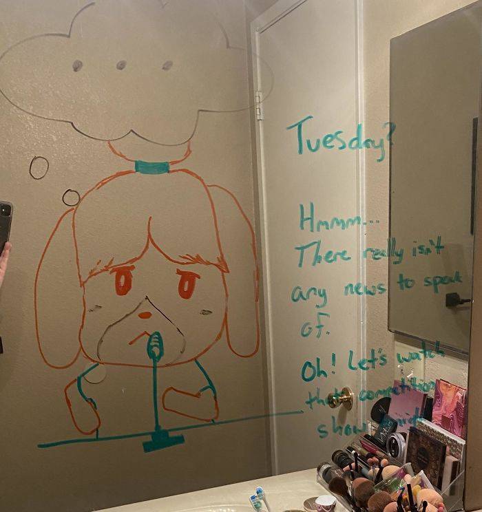 Woman Shows Doodles That Her Husband Is Drawing On Their Mirror