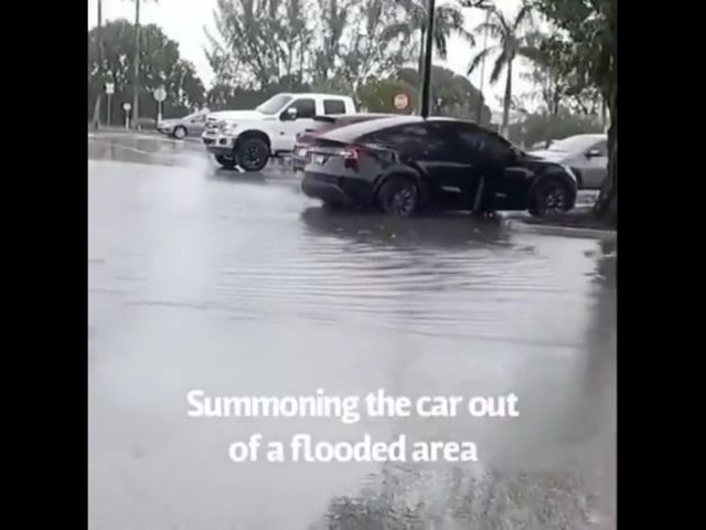 Tesla Leaves A Flooded Parking Lot
