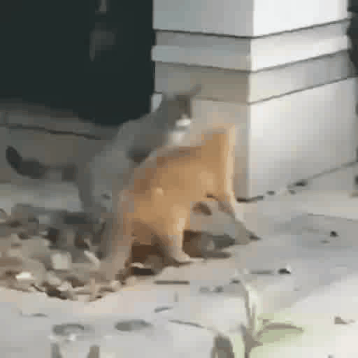 Gif de dois gatos se encarando, depois de 1~2 segundos, o gato cinza pula em cima do gato laranja, dando um golpe de arte marcial