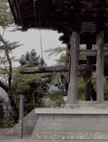 Striking A Bell In A Japanese Temple