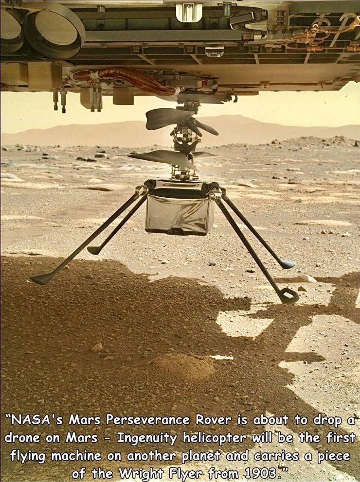Perseverance Rover by NASA drops a drone to the surface of Mars.
