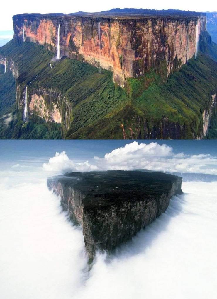 Natural triple border of Venezuela, Brazil, and Guyana in the form of a huge mountain surrounded by clouds.
