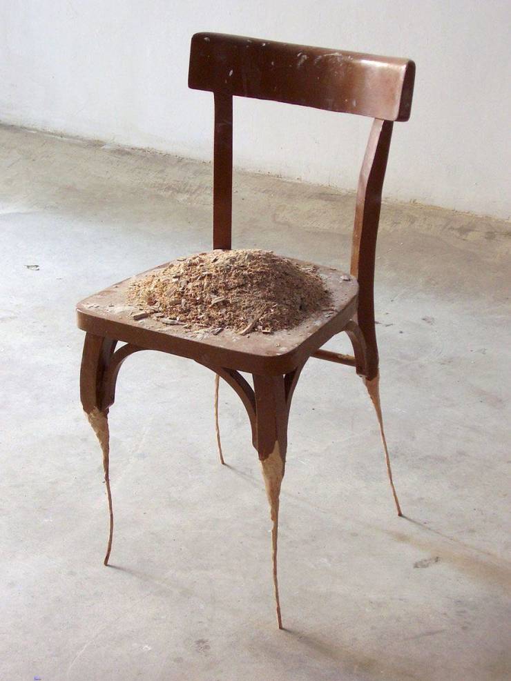Sculpture of a modified wooden chair named Subject, Object, Abject (2006) by Jaime Pitarch.