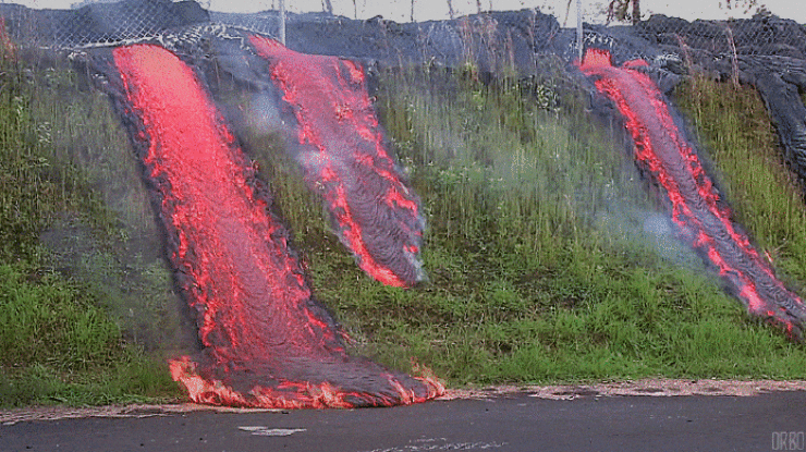Hot lava runs down the slope.