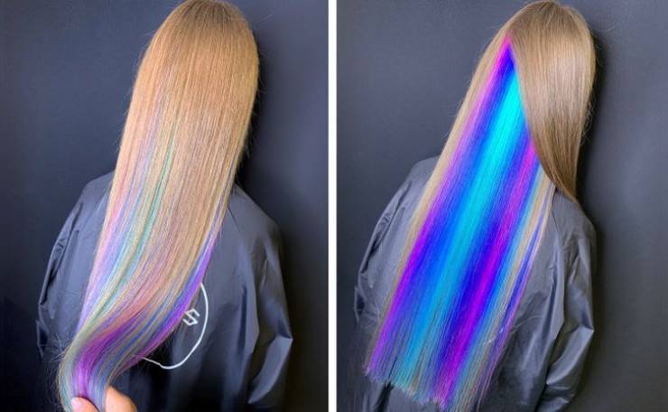 Colorful dyed hair inside covered by natural hair.