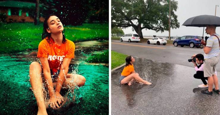 A girl sitting in a fancy scenery, in fact, poses in a street puddle.
