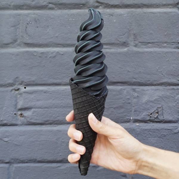 Black ice cream in a black cone.