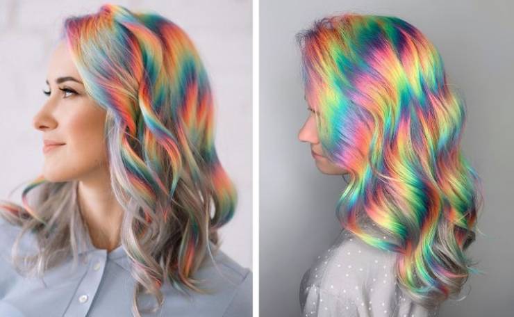 An amazingly rainbow-colored hair that looks like a hologram.