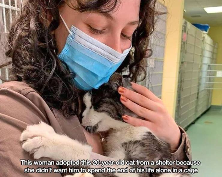 A woman cuddles a 20-year old cat she adopted to save him from a lonely end.