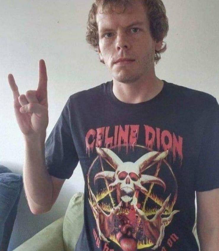 A man in a T-shirt with a picture of death-head and inscription "Celine Dion".