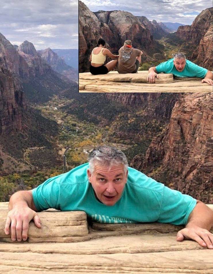 A man lying on the rock and pictures as if he hangs from a huge canyon.