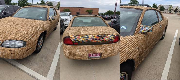 A car all covered with corks with a corky99 license plate.
