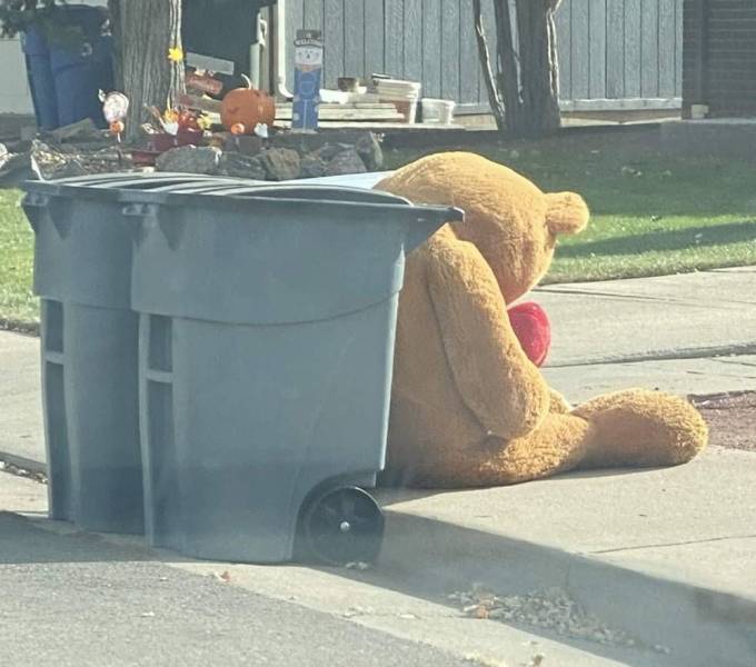 A huge teddy bear sitting behind the rubbish bin.