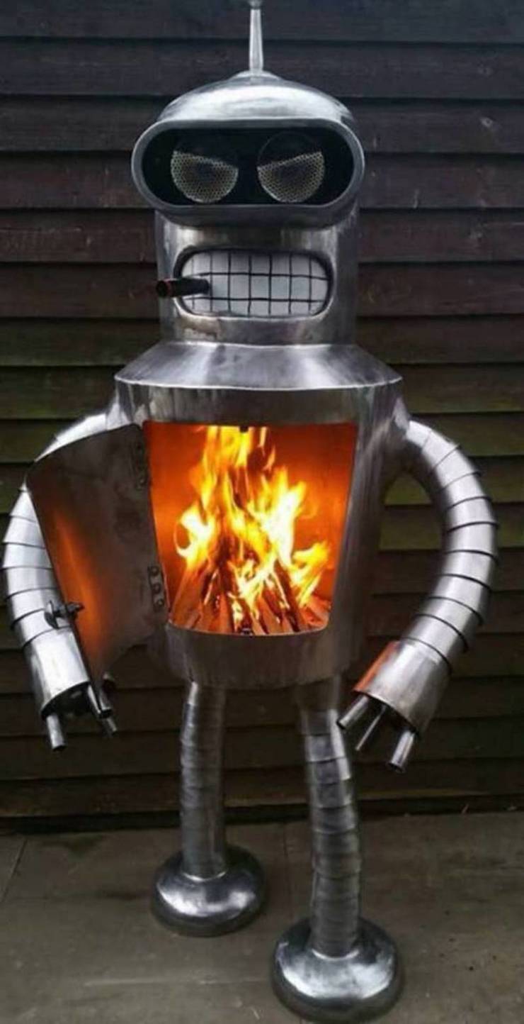 A fireplace that looks like a robot.