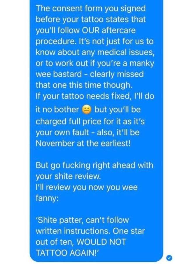Entitled Customer Threatens Scottish Tattoo Parlor, Gets Roasted In Response