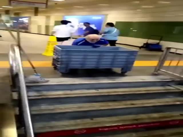 Washing The Steps In The Subway