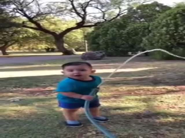 His First Encounter With A Water Hose