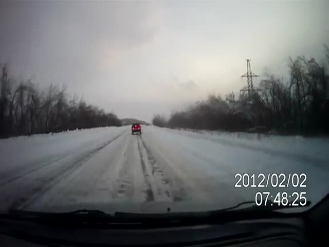 Incredible Close Call on Slippery Road 