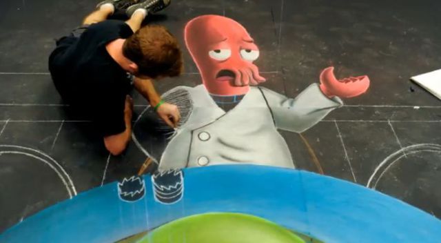 Drawing the Amazing 3D Chalk Portrait of Zoidberg