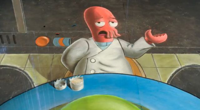 Drawing the Amazing 3D Chalk Portrait of Zoidberg