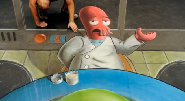 Drawing the Amazing 3D Chalk Portrait of Zoidberg