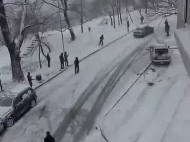 Slippery Ice Hill Accident Close Call 