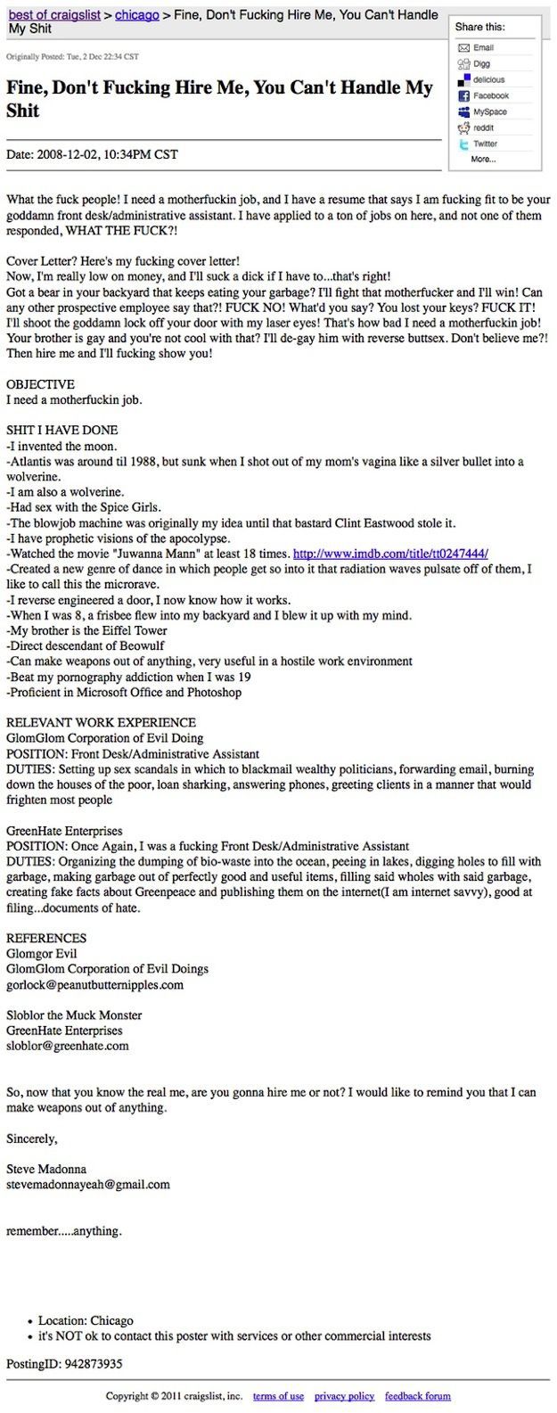 Hilarious Real Resumes Actually Received by Companies