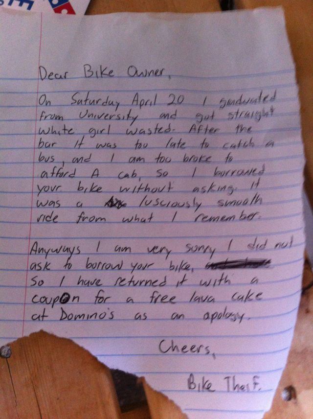 This Nice Bike Thief Leaves a Funny Note as a Peace Offering (3 pics ...