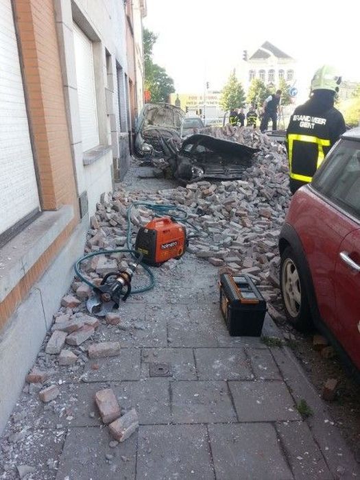 This Is What Happens When a Brick Wall Falls on a Car