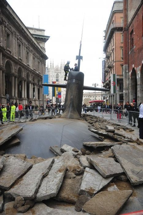 Submarine Emerges in the Centre of Milan
