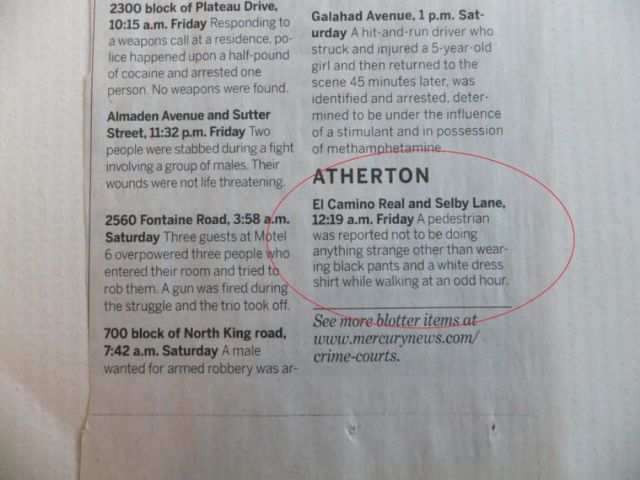 The Weird Things in the Atherton Police Blotter