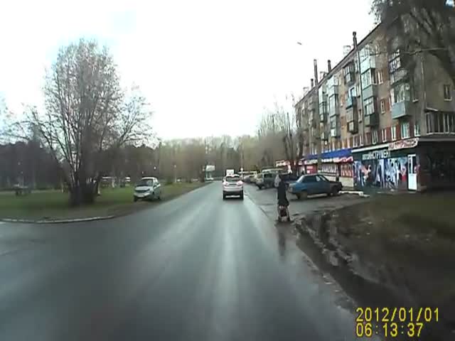 Female Pedestrian Gets Nailed by Car in Russia, Doesn't Seem Fazed  (VIDEO)